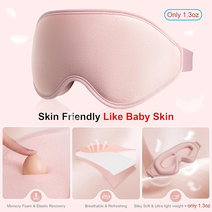 3D Sleep Mask with Earplugs, 100% Light Blackout Eye Mask for Sleep, Washable Sleeping Mask, 0 Pressure Eye Covers for Sleep with Wider Adjustable Strap, Only 1.3oz Light Soft Sleeping Mask (Pink)