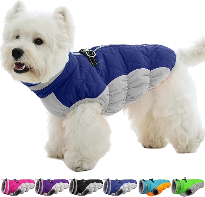 OUOBOB Small Dog Coat,Dog Jackets for Small Dogs,Warm Winter Jacket, Puppy Coat with Harness Built in,Waterproof Dogs Jacket,Puppy Cold Weather Coats,Pet Winter Clothes Snowsuit Shih Tzu Bichon,Blue