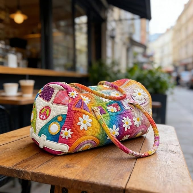 Hippie Van Quilted Duffle Bag, Boho Weekender Travel Overnight Luggage for Women Vintage Floral Gym Tote (style4, Medium (16"x8"x8"))