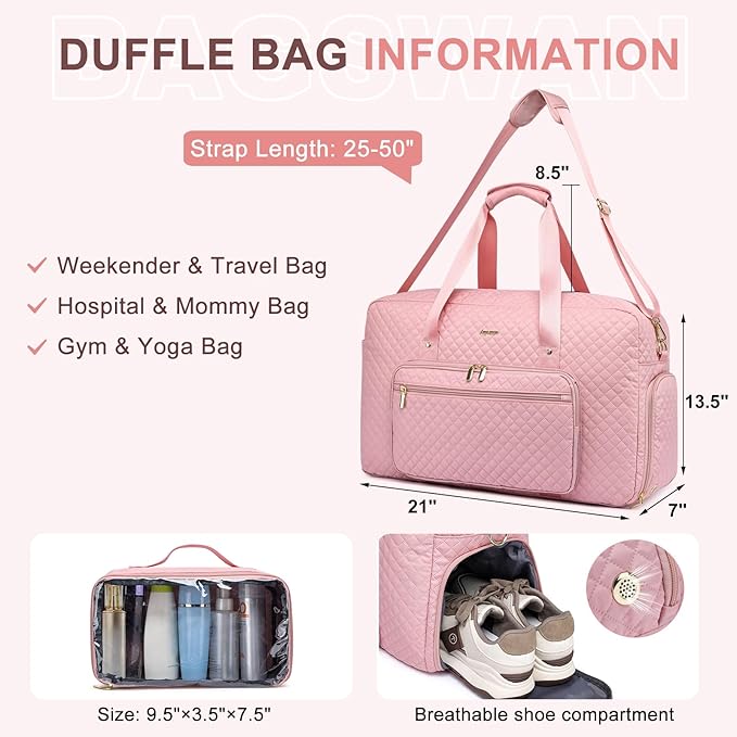 Large Weekender Travel Duffle Bag - With Shoe Compartment Weekender Bags for Womens Carry on Overnight Bag with Toiletry Bag Gym Duffel Bags with Wet Pocket Hospital Bags for Women Labor and Delivery
