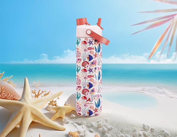 POWCAN 26 oz Insulated Water Bottle with 2-in-1 Straw and Spout Lid, Keep Cold 24H, Leak-Proof, Fits in Car Cup Holder, Stainless Steel Water Bottle for Sports, Travel, Gym and School (Ocean Carnival)