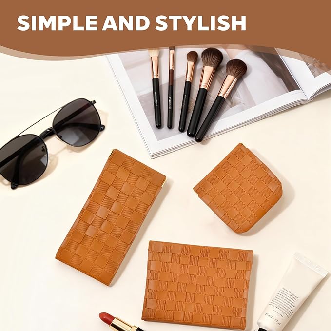3PCS Small Makeup Bag for Women, Mini Cosmetic Bags Leather Pocket Pouch Purse,Snap Closure Waterproof Portable Bag,Checkered Storage Travel Bag for Lipstick Change Glasses Coin Cards (Brown)