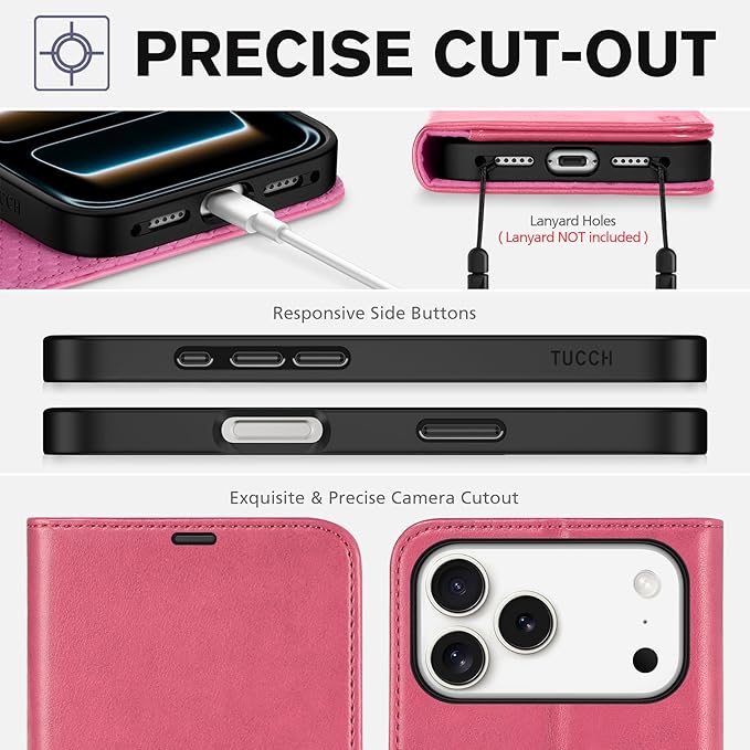 TUCCH Wallet Case for iPhone 17 Pro Max (6.9") 2025, 4 Card Slots | RFID Blocking | Stand | Shockproof TPU Shell | PU Leather | Magnetic Closure | Protective Flip Folio Cover | Hot Pink