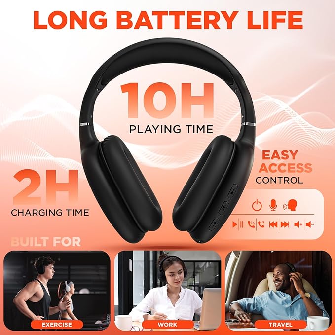 HyperGear Wireless Headphones Bluetooth Black- Noise Isolation Headphones Wireless Over The Ear Head Phones, Gym Headset Built-in Mic Controls Square Foam Cups Foldable Headphone for Women and Men
