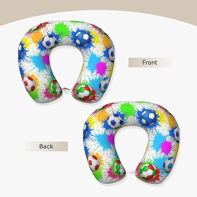 Comfortable Memory Foam Neck Pillow Splash Ink Colorful Paint Football Soccer, Travel U Shaped Airplane/Car/Flight Pillows with Removable Zipper Cover, Chin Head Neck Support Cushion