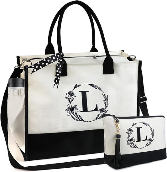 BeeGreen Embroidery Monogram Initial Tote Bag for Women Teacher Mom Friend Personalized Gift for Birthday Beach Work Wedding