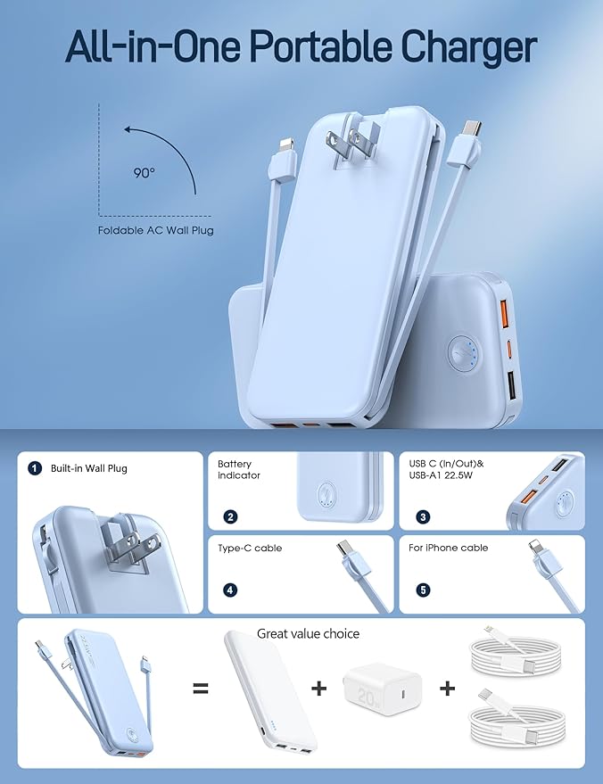Portable Charger, 12000mAh 22.5W Fast Charging Power Bank with Built-in Cables & Wall Plug, Travel Essentials External Battery Pack, USB C Battery Phone Charger for iPhone, Samsung Light Blue