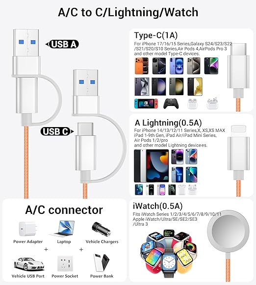 Temdan for Travel Vacation Essentials,3 in 2 USB C Cable for Apple Watch Charger/iPhone 17 Charger/Lightning,Multi Charging Cable Cord,Camping Essentials,Designed for iWatch &iPhone 16-12-4FT Orange