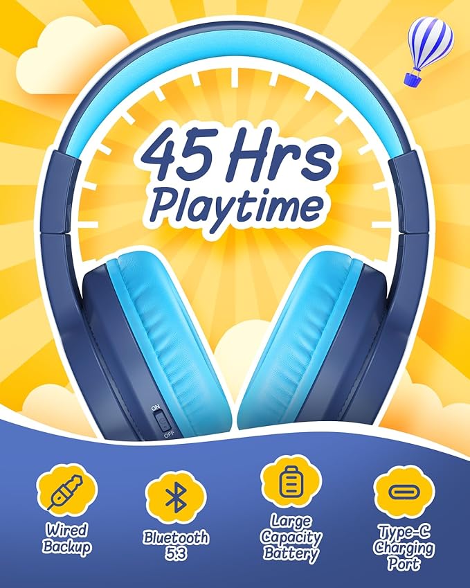 seenda Kids Bluetooth Headphones, JCH-01 Kids Wireless Headphones for School, 85/94dB Volume Limited, 45H Playtime, 3 Lighting Modes, Built-in Mic Headset with Aux Cord for iPad/Tablet, Dark Blue