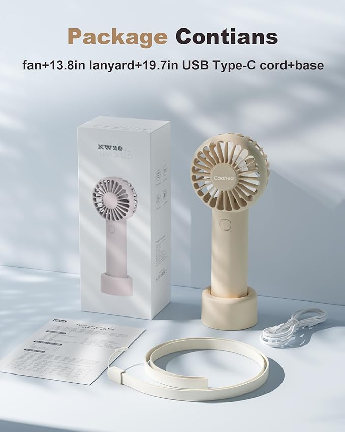 Coohea Mini Handheld Fan, Small Cute Design, 3 Powerful Speeds, USB Rechargeable Battery Operated, Personal Portable Fan with Base & Lanyard, for Eyelash Makeup Travel Beach Office Desk, Beige