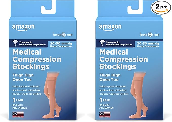 Amazon Basic Care Medical Compression Stockings, 20-30 mmHg Support, Women & Men Thigh Length Hose, Open Toe, Beige, X-Large (Previously NuVein) (Pack of 2)