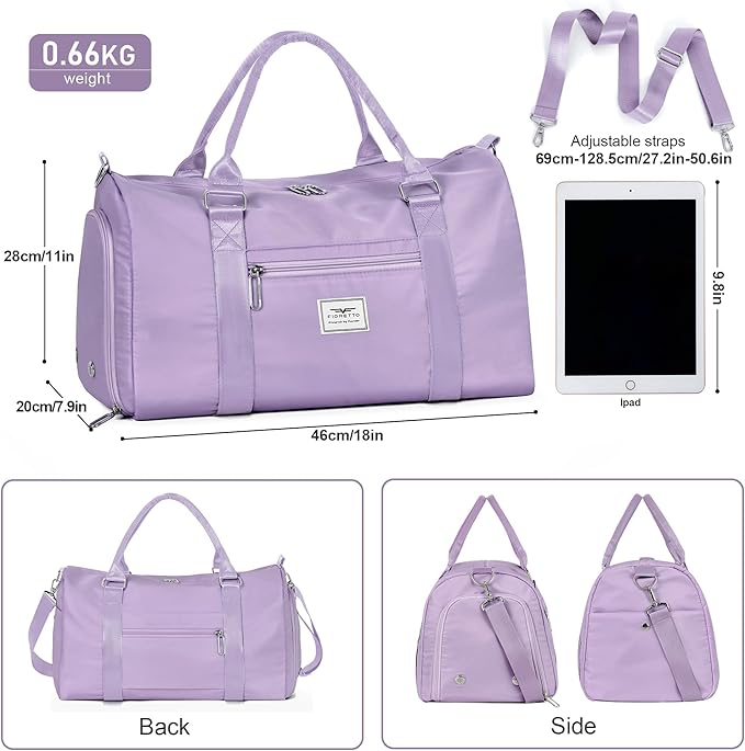 FIORETTO Womens Gym Tote Duffle Bag with Wet Pocket & Shoe Compartment, Sports Duffel Overnight Weekender Hospital Workout Carry on Bag for Girls, Ideal for Travel, Swimming, Dance, Ballet Purple
