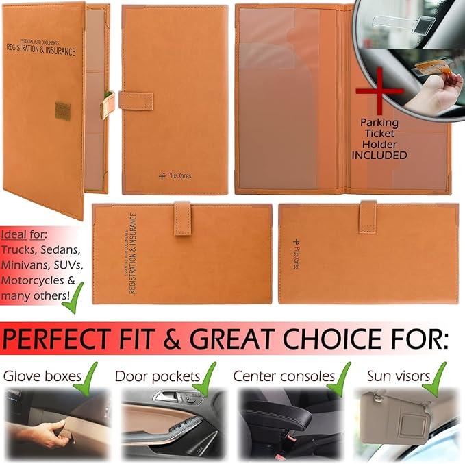 Auto Insurance and Registration Card Holder - Vehicle Glove Box Document Organizer - Car Essential Paperwork Holder for DMV, AAA, Contact Information Cards - Premium PU Leather Wallet Case - Orange
