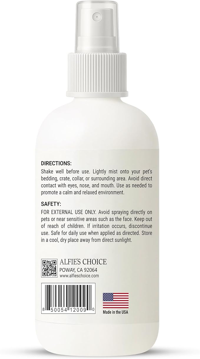 ALFIE'S CHOICE Pet Calming Aromatherapy Spray | 3 fl oz | for Dogs & Cats | Water Based Botanical Mist with Lavender, Ylang Ylang & Valerian | Promotes Calm and Relaxed Environment