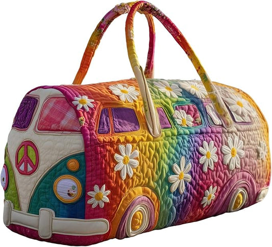 Hippie Journey Quilted Duffel Bag Hippie Van Travel Duffel Bag Vintage Floral Weekender Overnight Bags Women Gym Bags