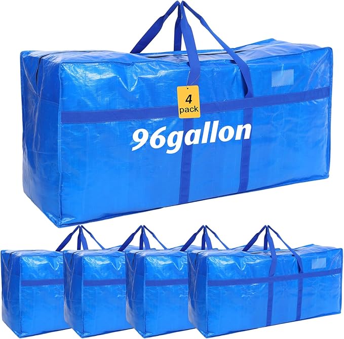 4 Pcs 96 Gallon Large Moving Bags with Zipper and Handles Foldable Storage Duffle Bags Heavy Duty Extra Large Totes for College Dorm Travel Clothes Blankets Bedding Moving (Blue)