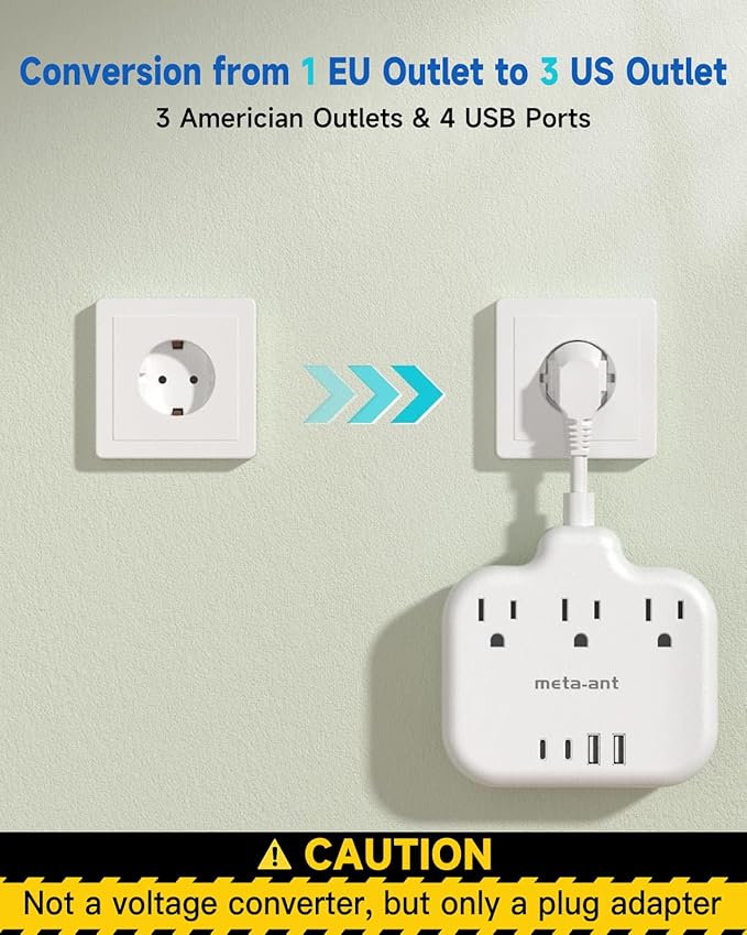 European Travel Plug Adapter 3 inch, International Plug Adapter, US to Europe Plug Adapter with 3 Outlets 4 USB Ports(2 USB C), Type E F Power Adapter to EU Germany Spain France Portugal Iceland
