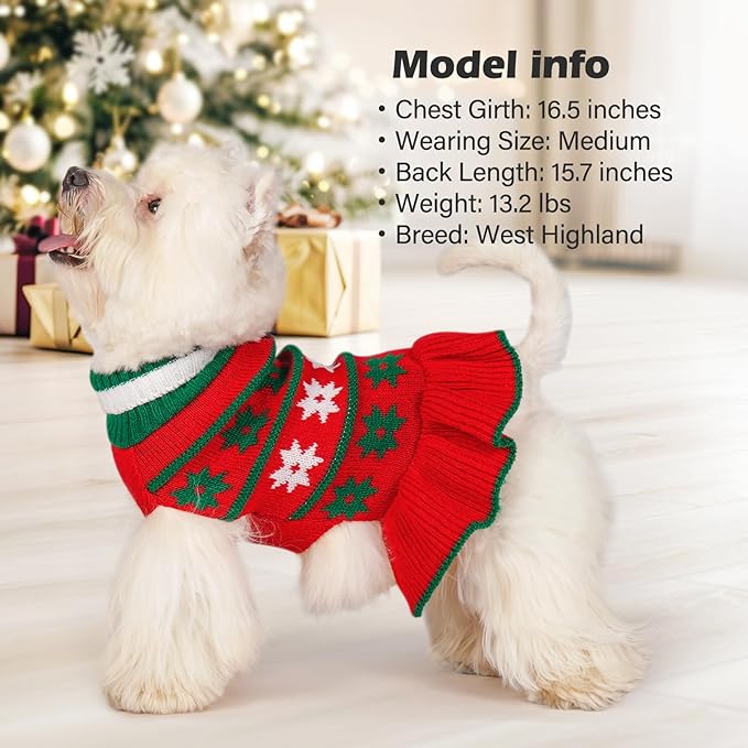 KYEESE Dog Christmas Sweater Knit Dog Sweater for Small Dogs with Snowflake Warm Dogs Clothes Pet Coats Turtleneck Pet Sweater Dress with Leash Hole, Girl Red, X-Large