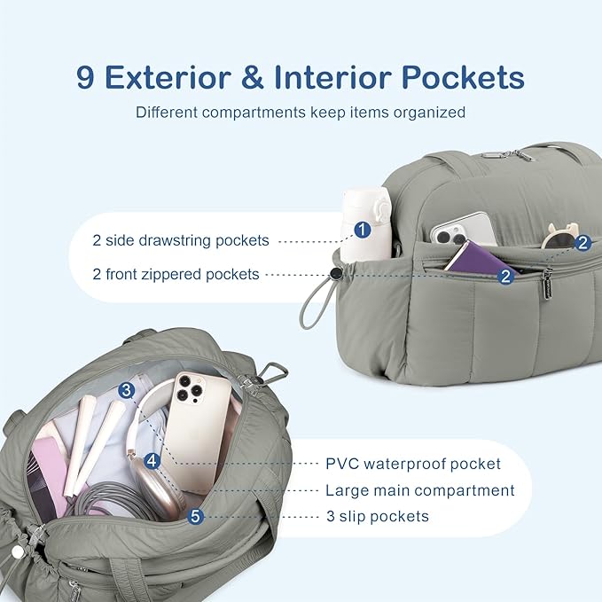 TOPDesign Travel Duffel Bag for Women, Puffer Gym Bag Sports Tote with Wet Pocket, Carry On Weekender with Luggage Sleeve (Grey)