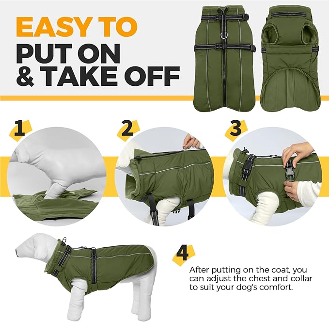 Lelepet Waterproof Dog Jacket with Harness Built in Warm Dog Winter Coat, Reflective Windproog Fleece Jacket, Dogs Coats for Small Dogs, Thermal Pet Snowsuit for Cold Weather, Maltese, Army Green, XS