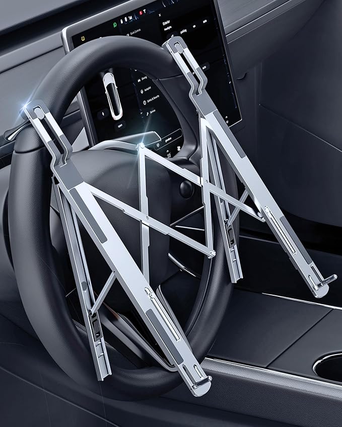 Steering Wheel Laptop Holder for Car SUV Pickup Truck Tesla Vehicle Workstation, Adjustable Foldable Portable iPad Tablet Laptop Stand for Desk, Tiktok Car Travel Essentials 2025 -Silver