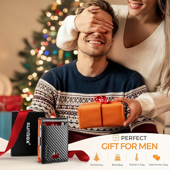 RUNBOX Slim Wallets for Men - Leather Money Clip Mens Wallet - RFID Blocking Front Pocket Bifold Wallet - Thin Credit Card Holder with Gift Box