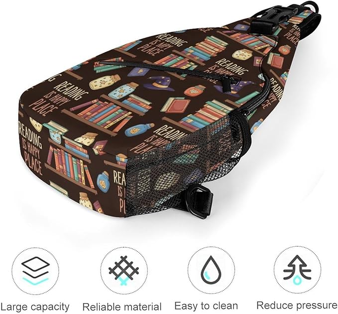 SWEET TANG Fashion Sling Backpack for Men Women, Lightweight Sling Shoulder Bag, Outdoor Chest Crossbody Bike Gym Runner Daypack with Adjustable Strap, Reading Book Is My Happy Place