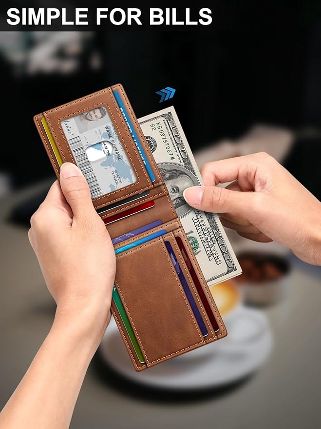Wallet for Men Slim Leather Wallets for 13-17 Cards, RFID Blocking Thin Card Holder Wallet with ID Window & Large Capacity Cash Slot, Minimalist Bifold Small Wallet for Front Pocket, Gift for Men