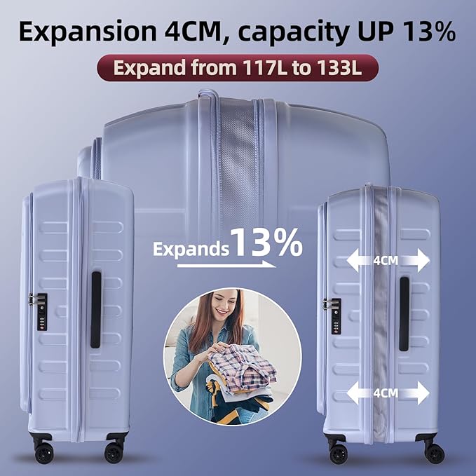 2 Pieces 20/29 Luggage Sets, 20 Inch Cabin Luggage with Front Pocket & 29 Inch Side Opening Suitcase, Ligthweight ABS+PC Hardshell, TSA Lock with HINOMOTO 360° Wheels, Lilac Purple