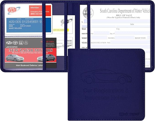 Wisdompro Small Car Registration and Insurance Documents Holder - Premium PU Leather Vehicle Glove Box Paperwork Wallet Case Organizer for ID, Driver's License, Key Contact Information Cards