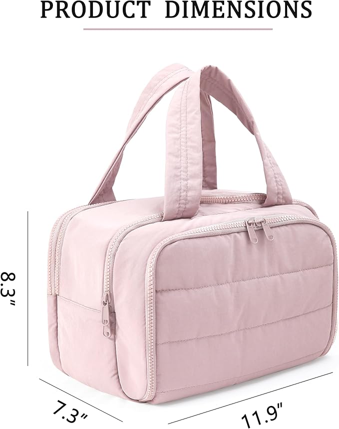 Travel Toiletry Bag for Women, Large Wide-open Puffy Cosmetic Makeup Bag with Wet-Dry Separation, Multi-Pocket Organizer with Carry Handle for Toiletries, Cosmetics, Essentials, Light Pink