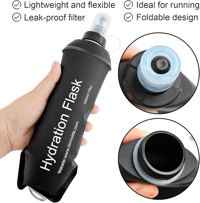 WILDREEDS 500ml Soft Flask, TPU Collapsible Soft Water Bottle for Hydration Pack, Running Vest, Folding Water Bottle for Hiking Cycling Climbing-2Pcs, Black