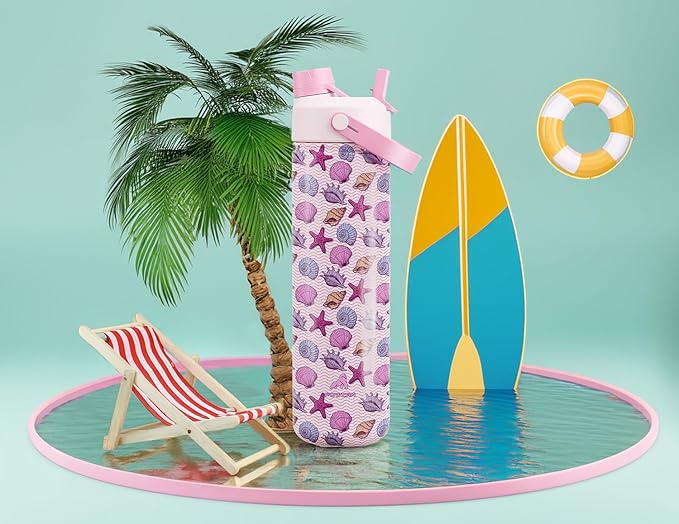 POWCAN 26 oz Insulated Water Bottle with 2-in-1 Straw and Spout Lid, Keep Cold 24H, Leak-Proof, Fits in Car Cup Holder, Stainless Steel Water Bottle for Sports, Trip, Gym, and School (Seashell Sonata)