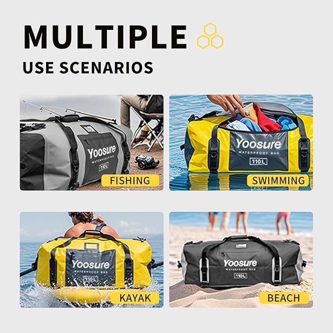 110L Waterproof Duffel Bag 35IN - Airtight Zipper Dry Bags, Extra Large Dry Bag with Straps&Handles for Camping Boating Kayaking Rafting Canoeing Gym Beach Car Roof Storage (Black)