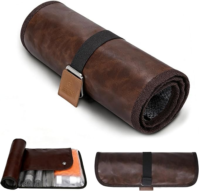 Men's Toiletry Travel Bag, Bathroom Bag For Traveling，Large 21-Inch Roll-Up Dopp Kit, Waterproof PU Leather Compact Organizer for Shaving & Bathroom Essentials