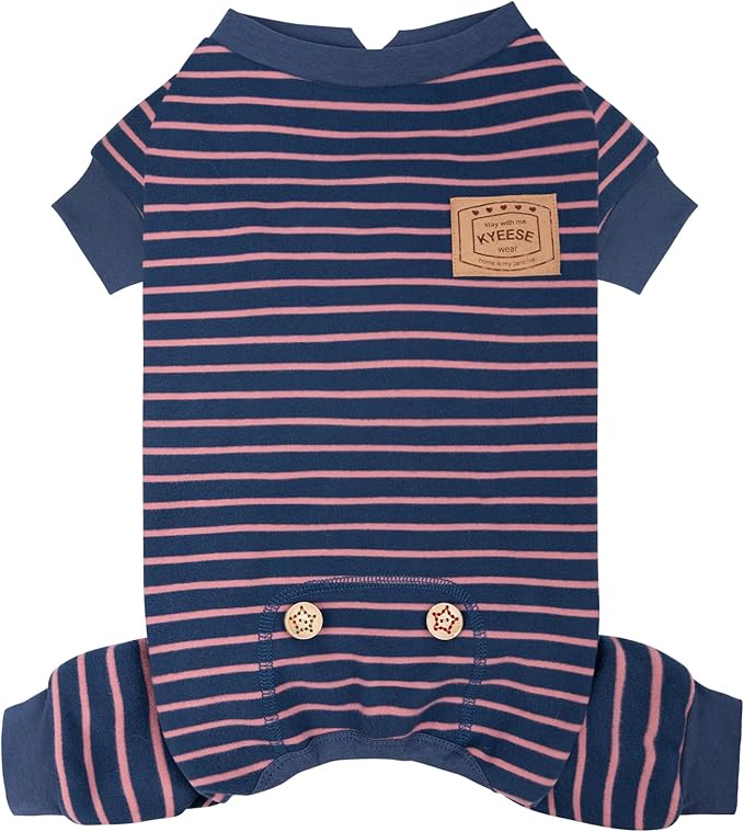 KYEESE Dog Pajamas, Stretchable Velvet Fleece 4 Legs Doggie Jammies, Striped Jumpsuit Pet Onesie, Cozy Outfit Comfortable Dog Clothes, Hair Shedding Cover Pet Sleepwear,Navy Blue Striped, Medium