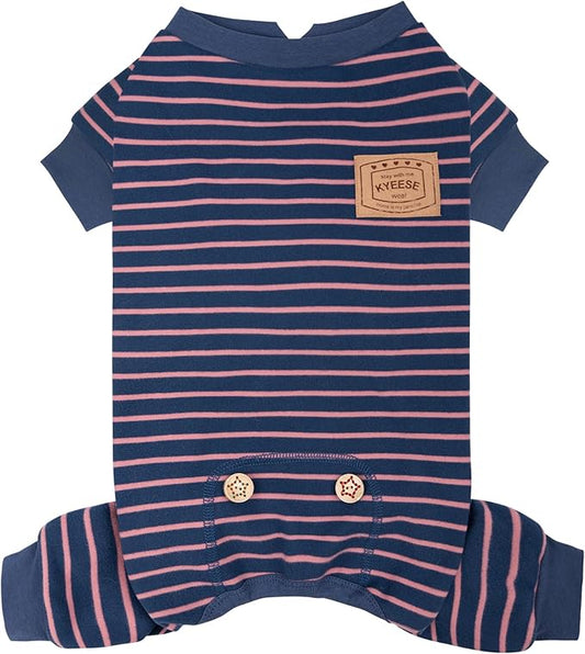 KYEESE Dog Pajamas, Soft Striped Pet Jumpsuit, Velvet Fleece Doggie Jammies, 4 Legs Dog Clothes, Stretchable Pajamas Cozy Outfit, Comfortable Onesie Sleepwear for Small Dogs,Navy Blue Striped, Large