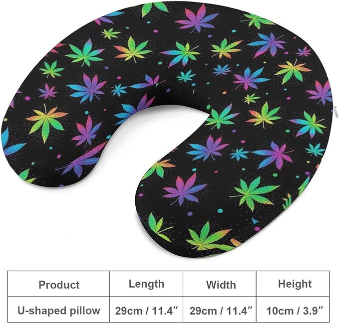 Funny Travel Neck Pillow Memory Foam U Shaped Cushion Colorful Neon Pot Leaf Weedleaf, Washable Cover for Men Women Teens Airplane Car Sleep