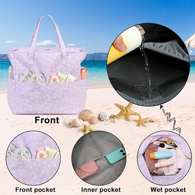 Bluboon Waterproof Beach Tote Pool Bags for Women Ladies Extra Large Carry On Bag With Wet Compartment for Weekender Travel