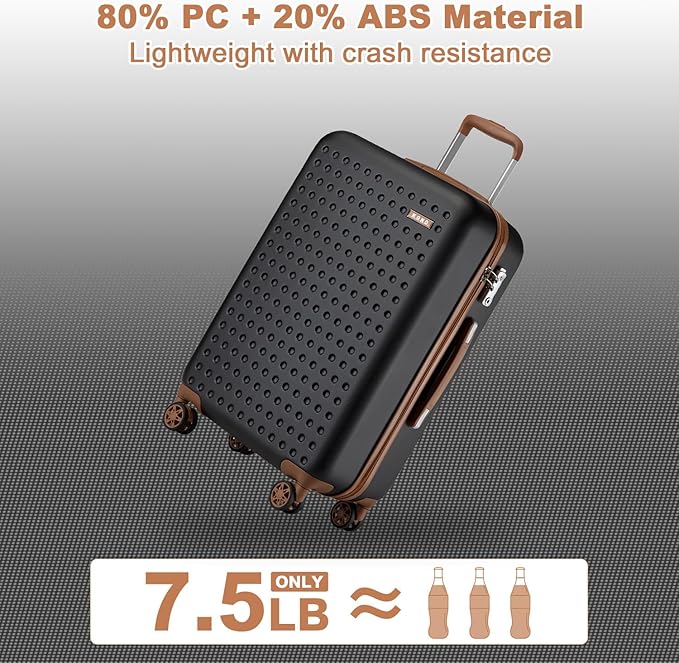 Kono 24 Inch Luggage Medium checked Lightweight Hardside Suitcase with Spinner Wheels & Built-in TSA Lock, Black