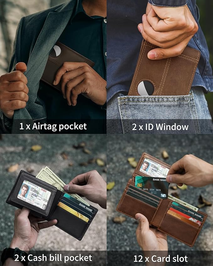 Mens Wallet With AirTag Holder, Bifold Leather RFID Blocking 1-2 ID Windows 12-13 Card Holders, Gift Box and Screen Protector Included, AirTag Not Included