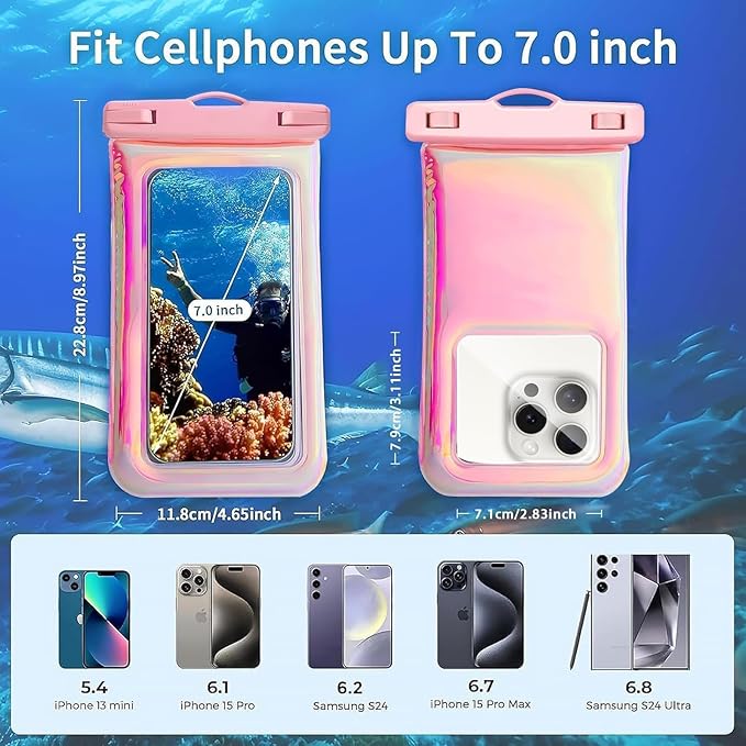 Floatable Waterproof Phone Pouch Case for iPhone 17 16 Pro Max/15/14/13/12, IP68 Travel Cellphone Dry Bag, Beach Cruise Ship Essentials Bags with Crossbody Lanyard,Iridescent Pink(1 Pack)