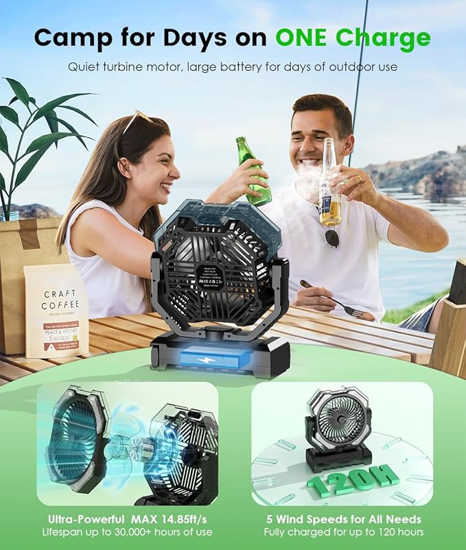 Misting Fan - Portable Battery Powered Fans with 9oz Water Tank, Light, Hook - Rechargeable, 120H Cooling, Last 5H Mist, 4 Speed, Sleep Mode - Outdoor Fan, for Camping, Travel Essentials