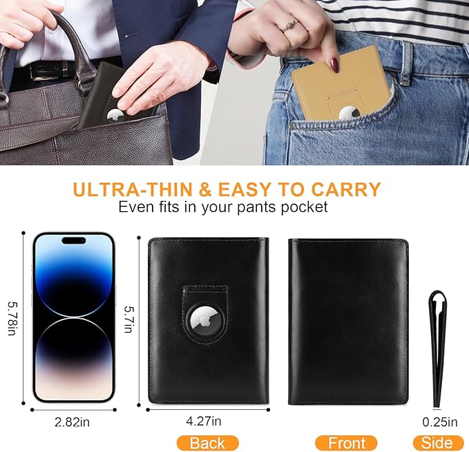 Full Grain Leather AirTag Passport Holder Wallet Cover for Men and Women Travel, Passport Holder with AirTag Slot Passport Wallet, Travel Essentials Genuine Leather Passport Cover Gifts (Black)