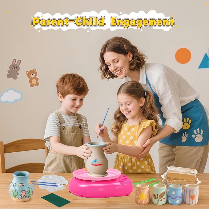 Weilim Pottery Wheel for Kids Complete DIY Pottery Painting Kit for Ages 8-12 Beginners with 4 Air-Dry Clay Packs and Tools, Arts Supplies Toys Birthday Gift for Boys Girls 6+ Years Old (Pink)
