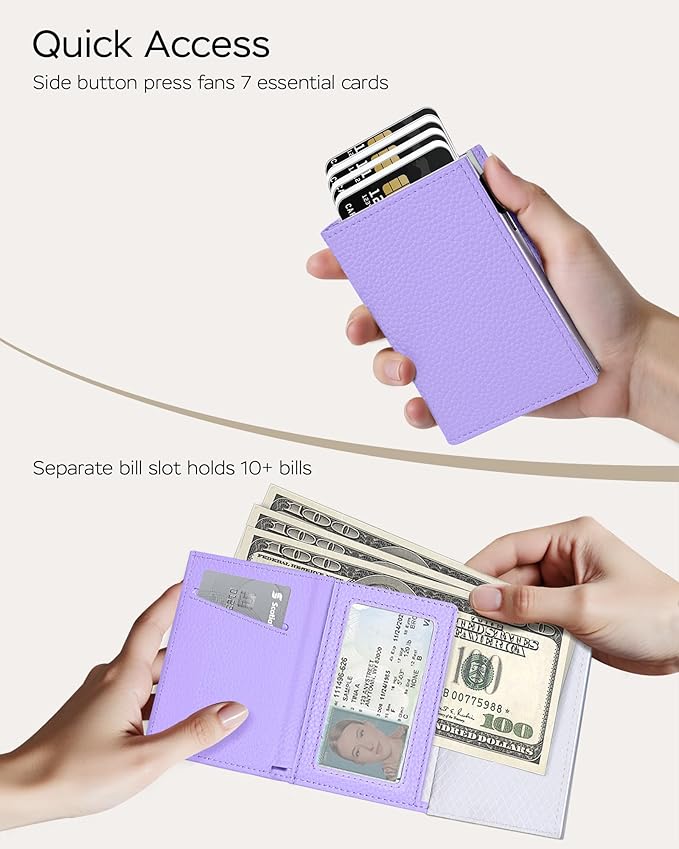 Vast Scenery Women's Small Wallet - 2026 Trendy Lavender Purple, RFID Blocking Smart Metal Pop Up Card Holder, Ultra Slim Fits Most Bags & Pockets, Holds 11+ Cards 10+ Bills, Gift for Her