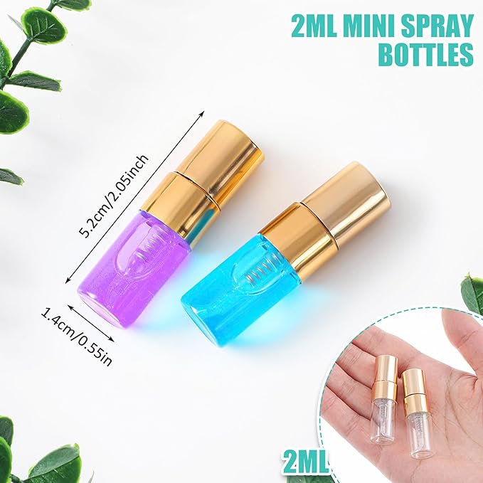 Zhehao 75 Pcs Mini Spray Bottles 2 ml Clear Glass Perfume Bottles Refillable Fine Mist Perfume Atomizer Portable Empty Sample Containers for Cleaning, Essential Oils, Travel (Gold Cap)