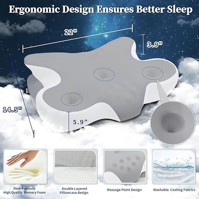 Cervical Neck Pillow, Side Sleeper Pillow for Adults, Neck Pillow for Neck and Shoulder, Orthopedic Contour Memory Foam Pillows for Side Back & Stomach Sleepers with Cooling Pillowcase