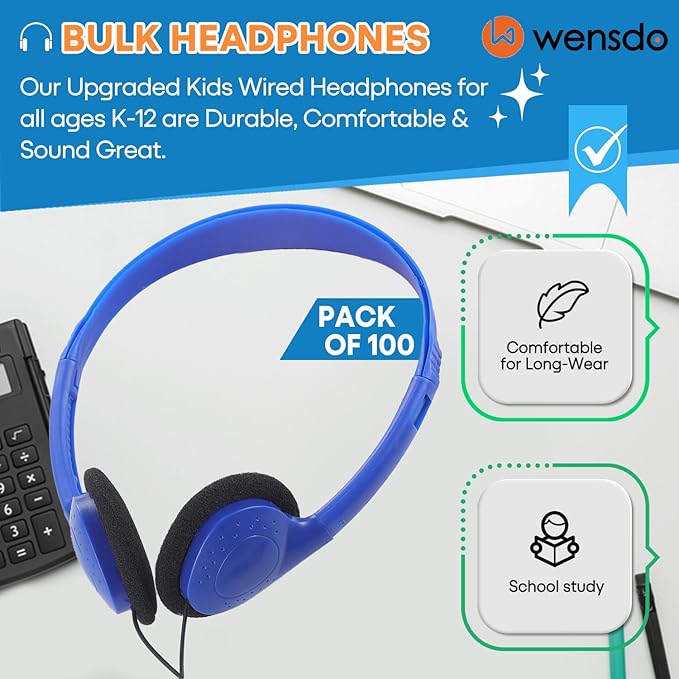 Kids Headphones Bulk 100 Pack for School Classroom Student Children Toddler Boys Girls Teen and Adults, Wholesale Wired Computer Earphones Class Set for Library Museums Airplane (HY857,100 Blue)