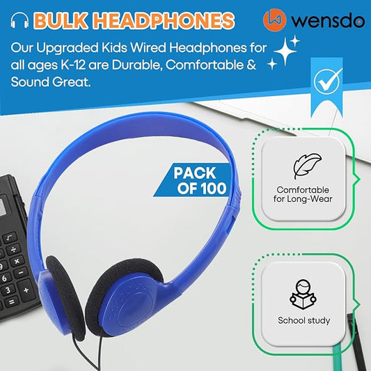Kids Headphones Bulk 100 Pack for School Classroom Student Children Toddler Boys Girls Teen and Adults, Wholesale Wired Computer Earphones Class Set for Library Museums Airplane (HY857,100 Blue)